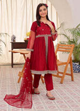 Red embroidered formal 3 piece suit for girls