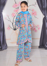 Blue Floral Kurti, Trouser & Dupatta Set