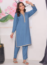 Khaddar Three-Piece Suit in Dusty Blue