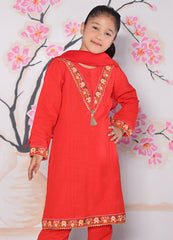 Red Khaddar Embroidered Kurta 3‑Piece Set — 5–10 Years