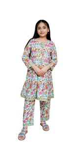 Multi color printed kids 2pc stitched suit