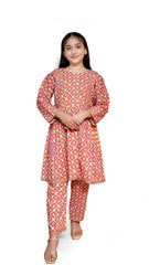 pink geometric print lawn 2 piece casual dress for girls