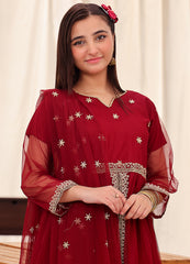Red embroidered formal 3 piece suit for girls
