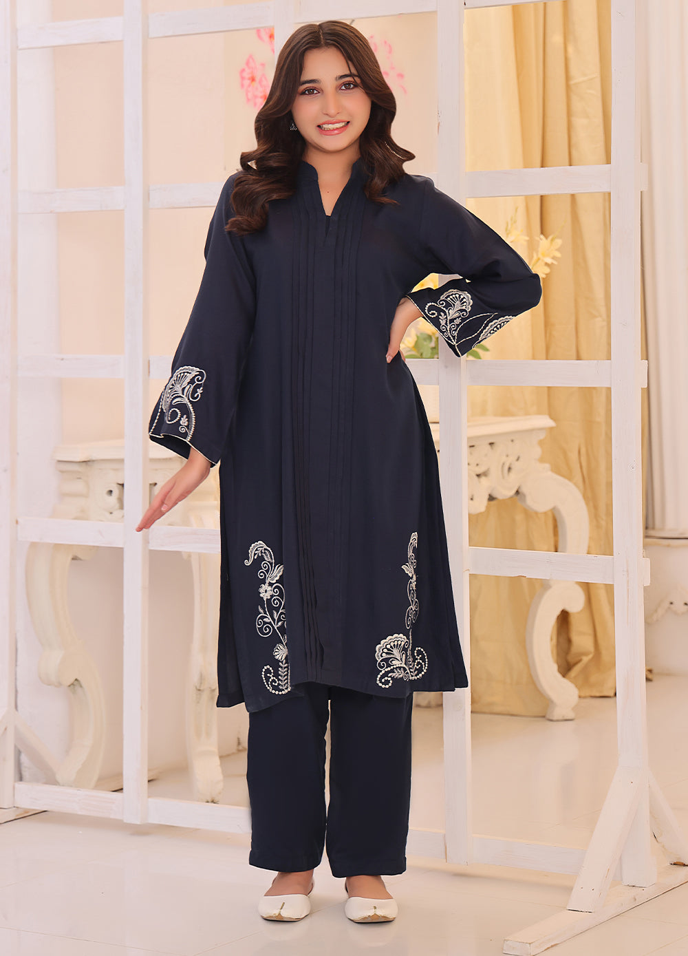Navy Embroidered Khaddar Kurta Set