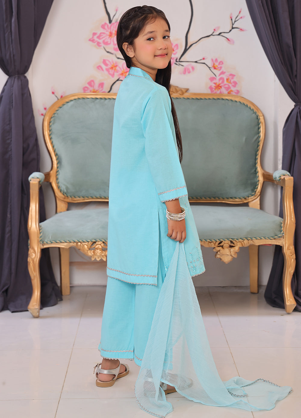 Embroidery Lawn 3‑Piece Suit — Light Blue (2-10 Years)