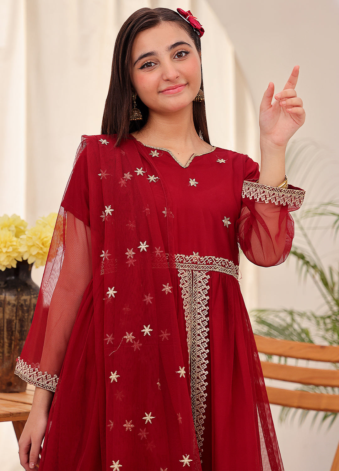Red embroidered formal 3 piece suit for girls