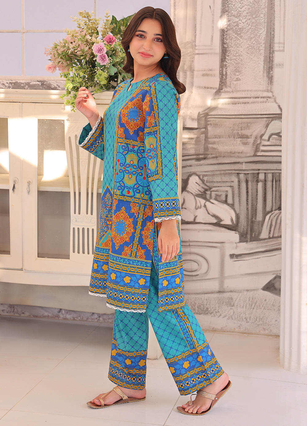 Teal Printed Khaddar Kurti & Trouser Set