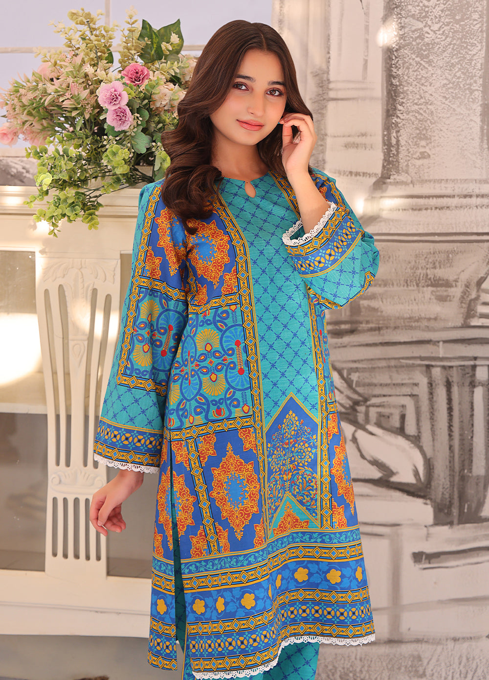 Teal Printed Khaddar Kurti & Trouser Set
