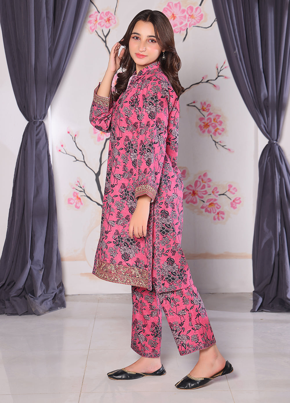 Pink Floral Khaddar Kurti & Trouser Set