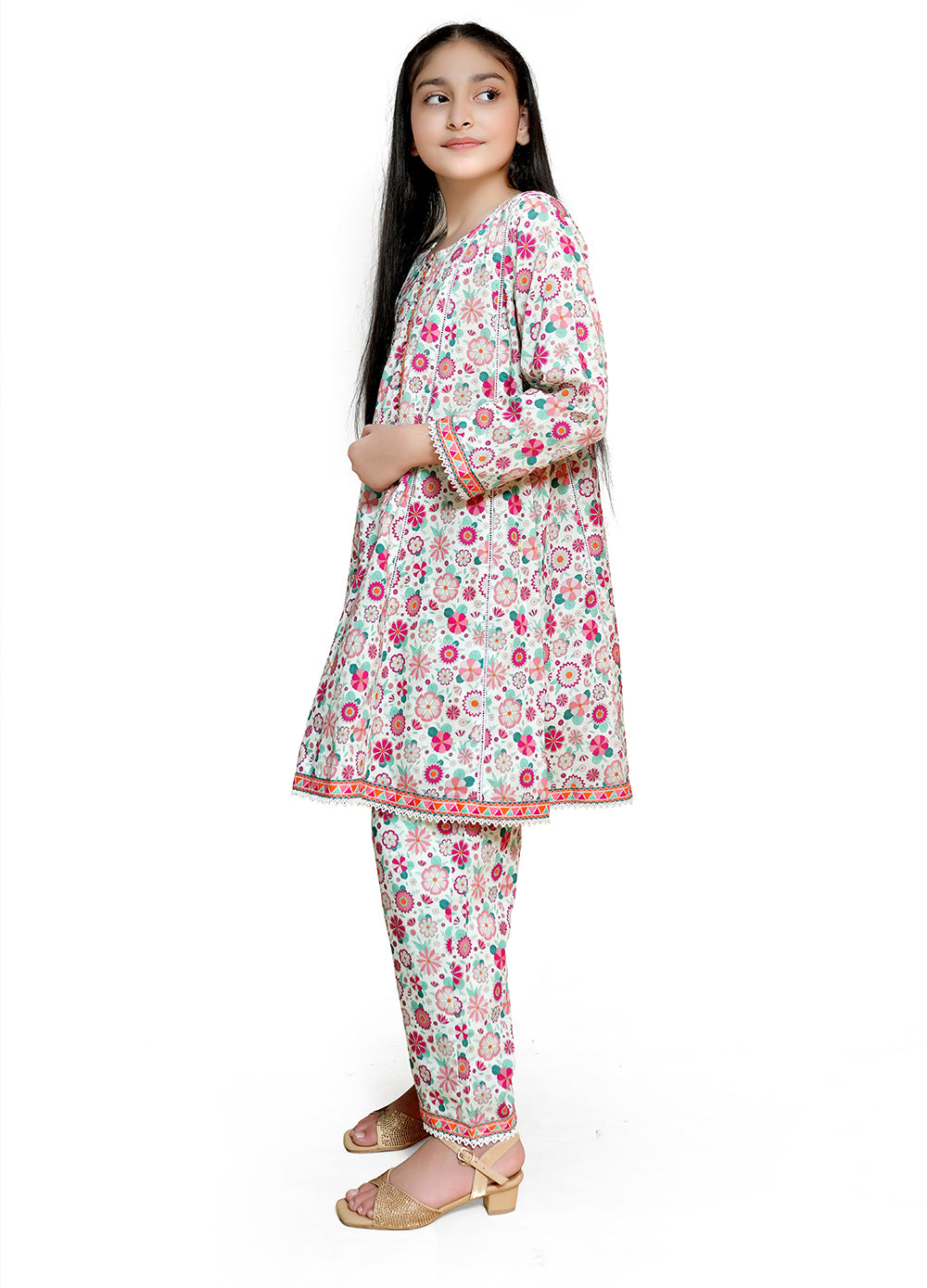 White printed 2 piece lawn casual suit for girls