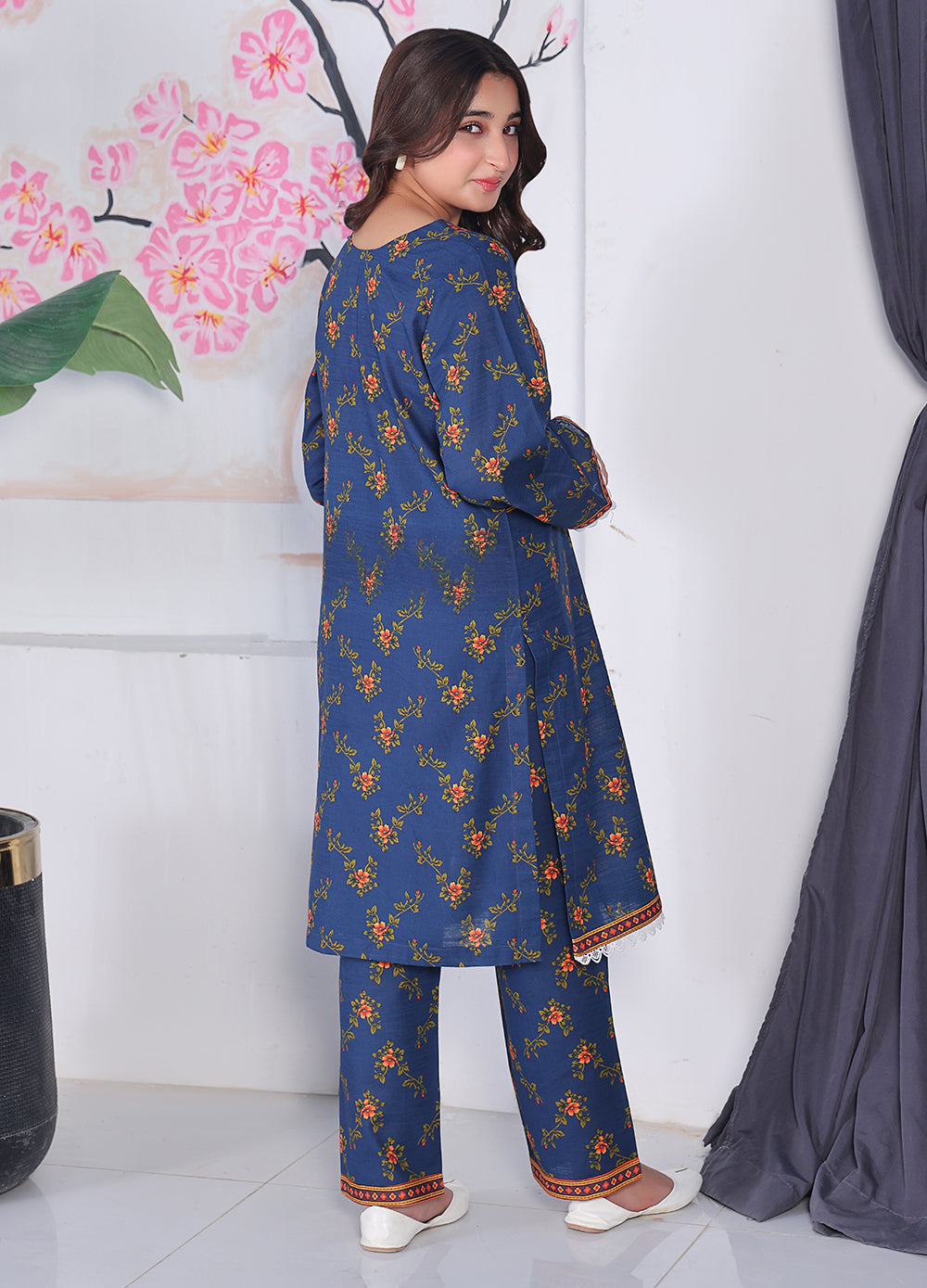 Blue Floral Khaddar Kurti & Trouser Set