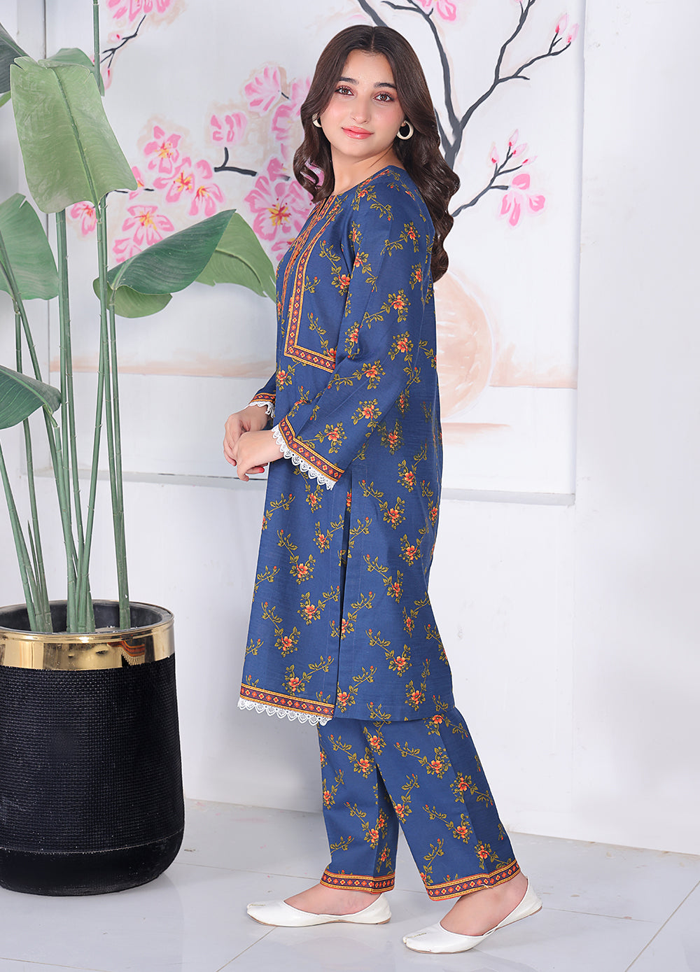 Blue Floral Khaddar Kurti & Trouser Set