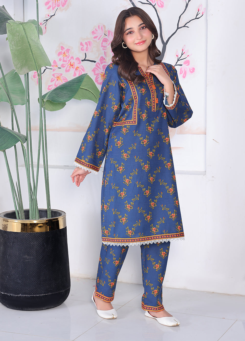 Blue Floral Khaddar Kurti & Trouser Set