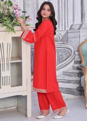 Khaddar Embroidered Kurti & Trouser Set — Red