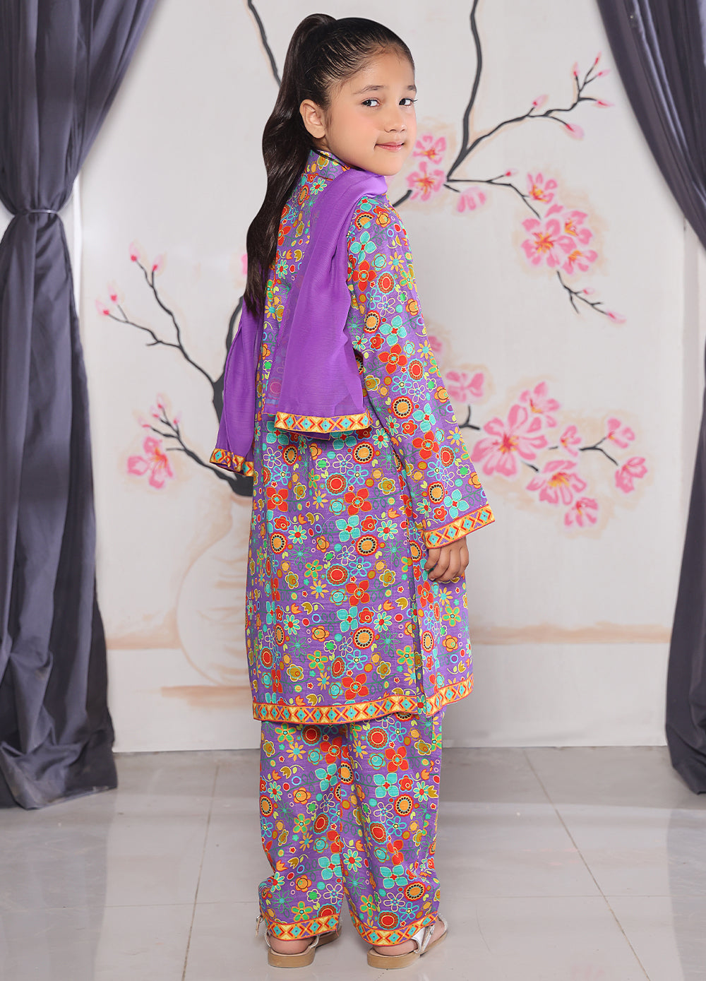 Purple Floral Khaddar Kurti Set — 2–10 Years