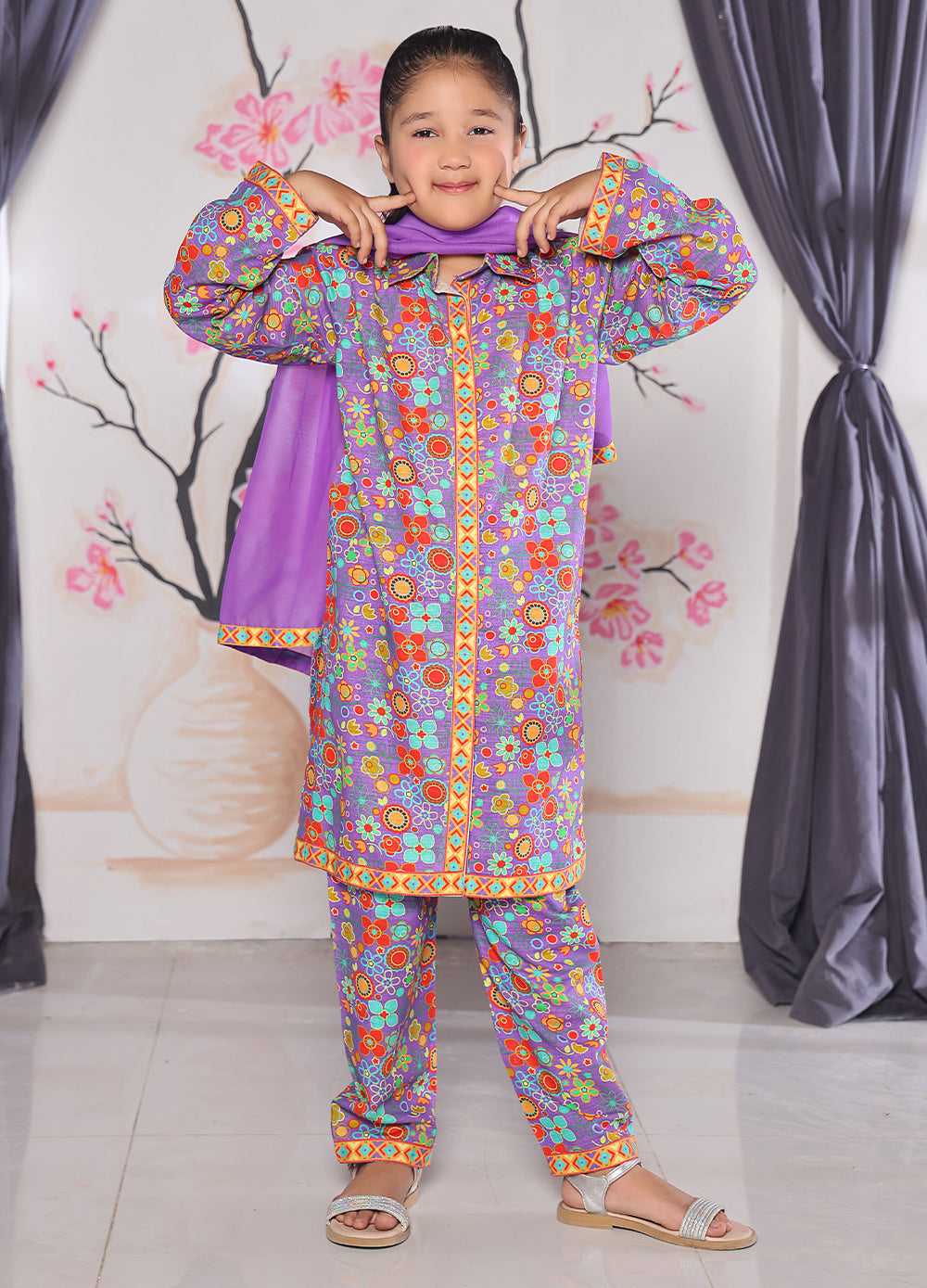 Purple Floral Khaddar Kurti Set — 2–10 Years