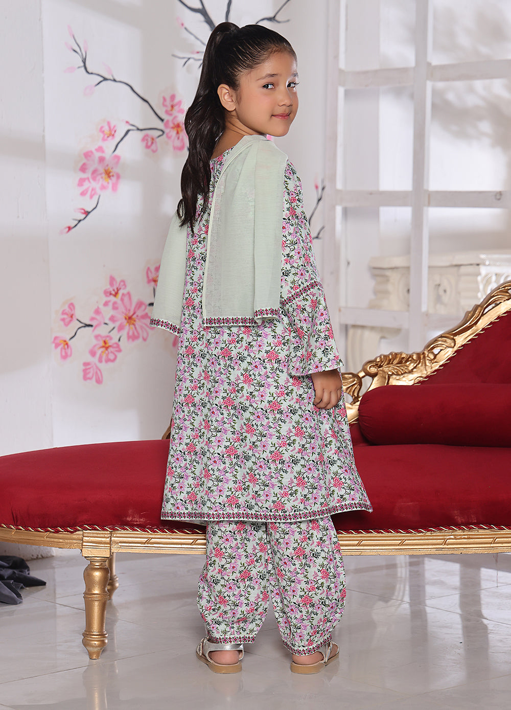 Floral Khaddar Kurti & Trouser Set — Pink & Mint