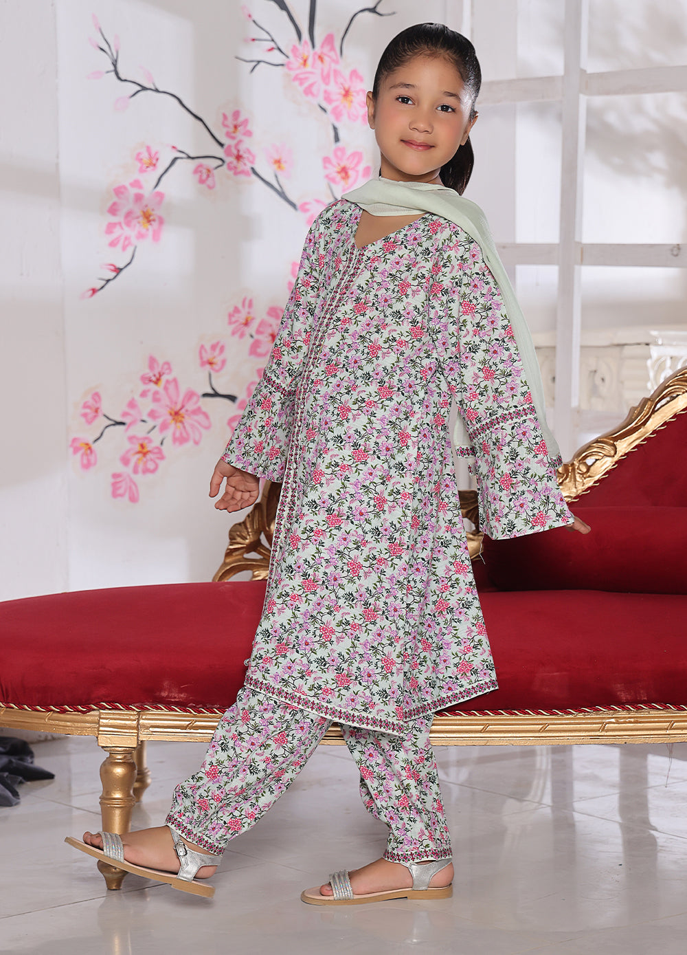 Floral Khaddar Kurti & Trouser Set — Pink & Mint