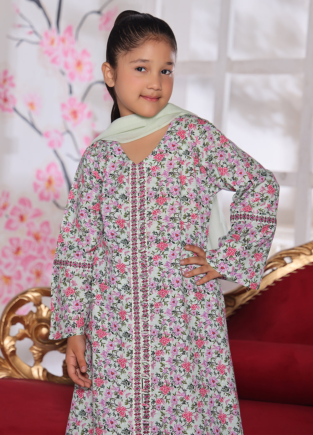 Floral Khaddar Kurti & Trouser Set — Pink & Mint
