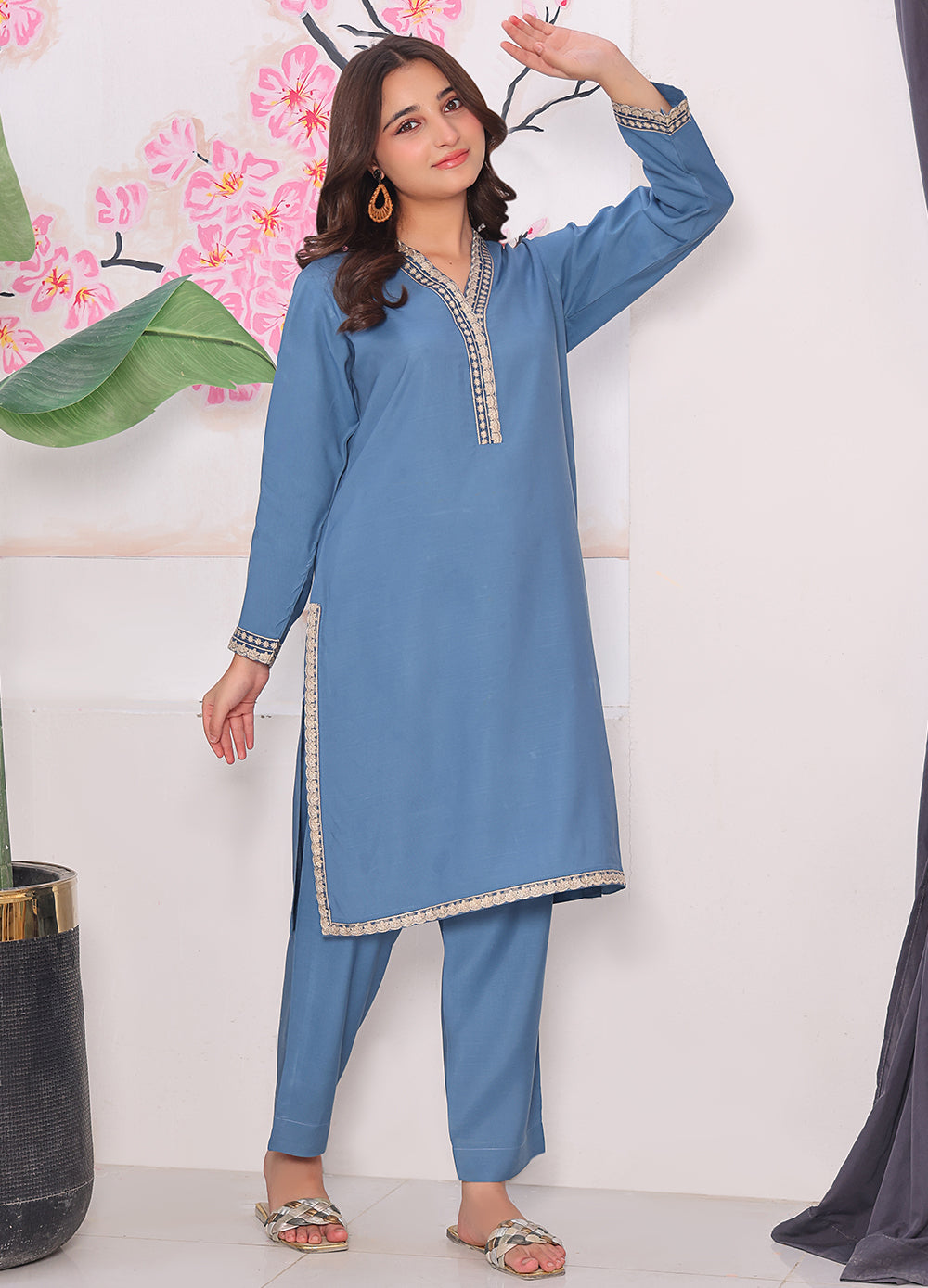 Khaddar Three-Piece Suit in Dusty Blue