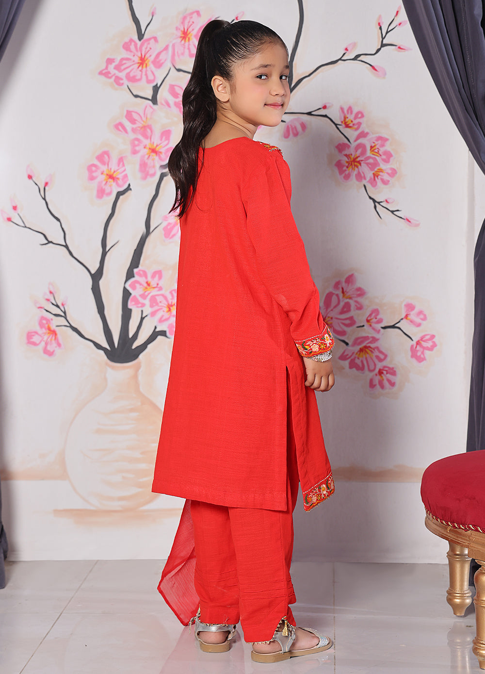Red Khaddar Embroidered Kurta 3‑Piece Set — 5–10 Years