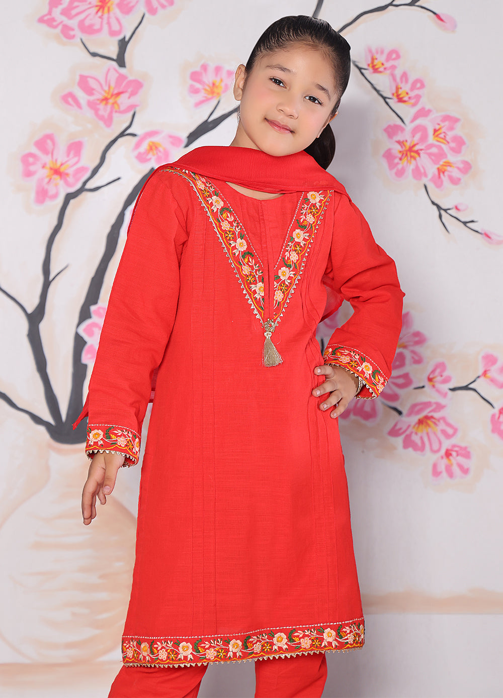 Red Khaddar Embroidered Kurta 3‑Piece Set — 5–10 Years