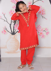 Red Khaddar Embroidered Kurta 3‑Piece Set — 5–10 Years