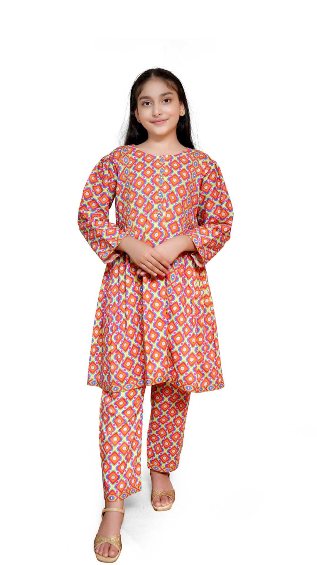 pink geometric print lawn 2 piece casual dress for girls