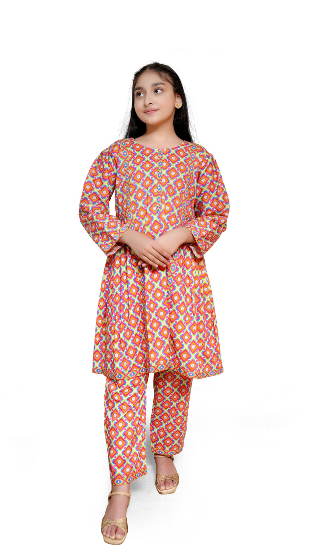 pink geometric print lawn 2 piece casual dress for girls