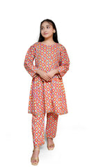 pink geometric print lawn 2 piece casual dress for girls