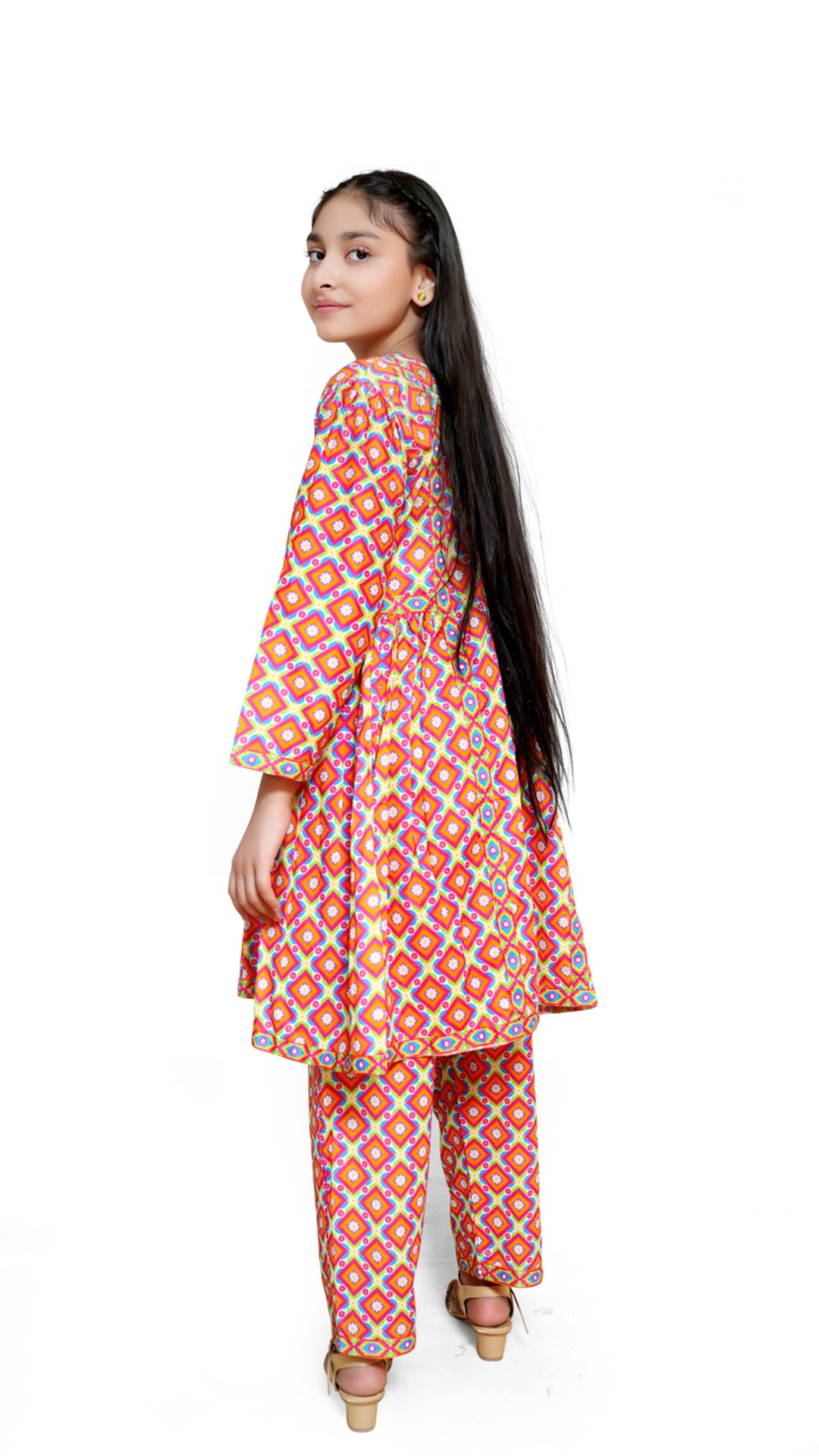pink geometric print lawn 2 piece casual dress for girls