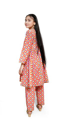 pink geometric print lawn 2 piece casual dress for girls