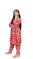 bright pink with a yellow and white floral printed 2pc stitched suit