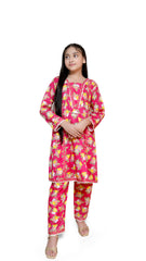 bright pink with a yellow and white floral printed 2pc stitched suit