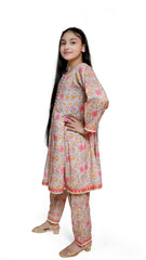 Light grey flower printed lawn 2 piece casual dress girls