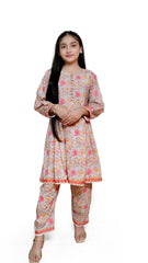 Light grey flower printed lawn 2 piece casual dress girls