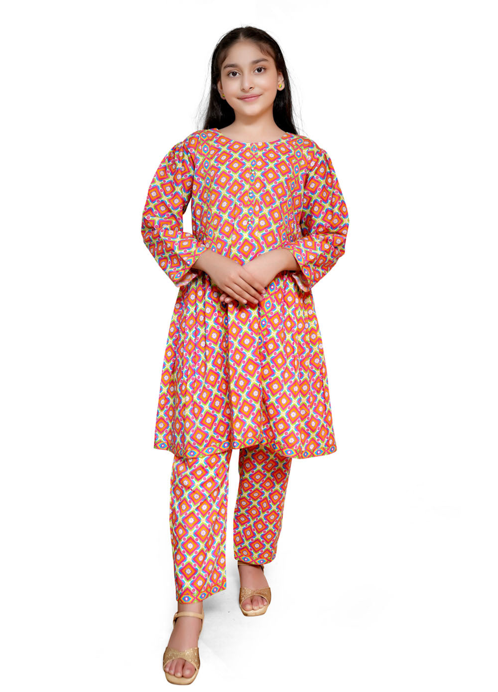 pink geometric print lawn 2 piece casual dress for girls